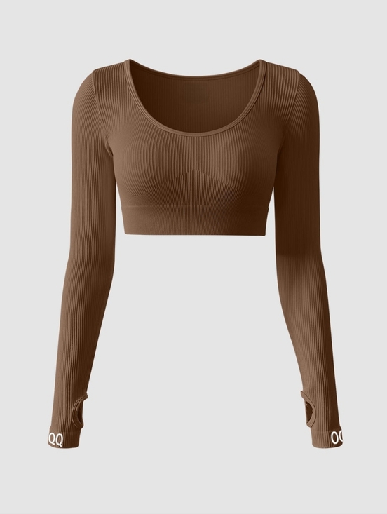 OQQ Tops - OQQ Crop Top Ribbed Seamless Workout Underscrub Long-Sleeve Brown Small